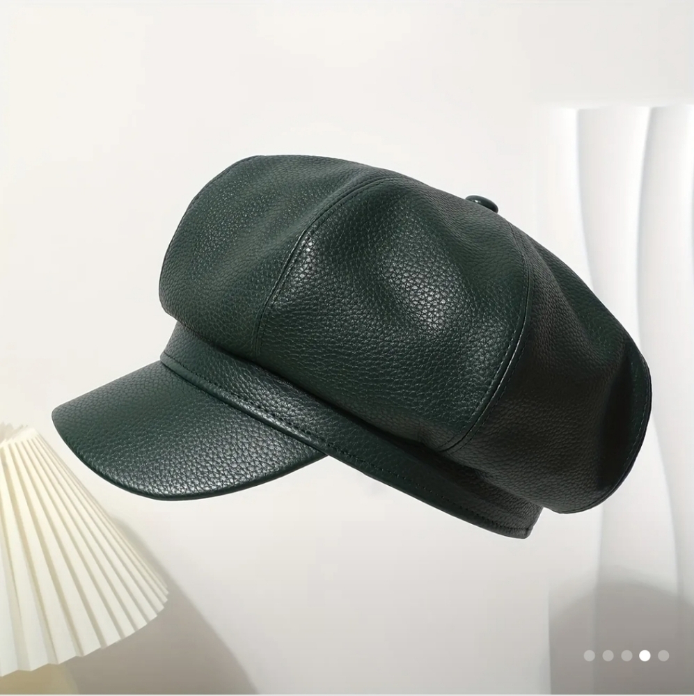 Newsboy Cap Dark Green PU Leather Litchi Pattern